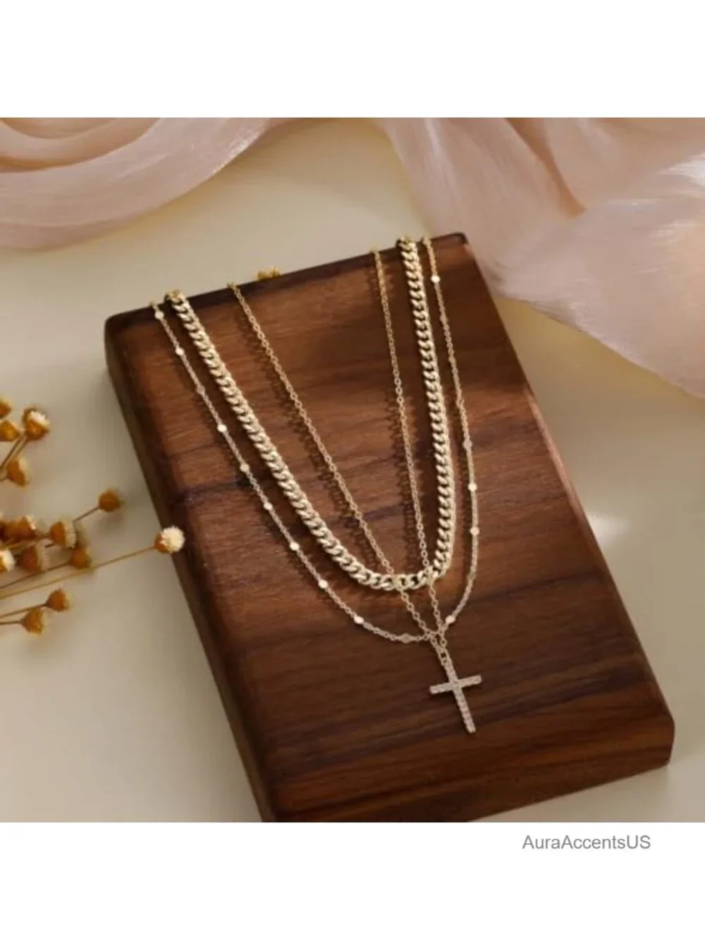 Layered Gold Plated Necklace Set with Cross Pendant